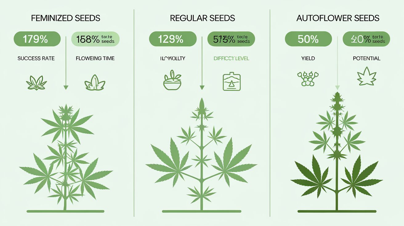 Infographic comparing feminized, regular, and autoflower cannabis seeds for beginners